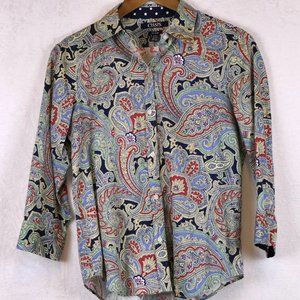 Chaps Women's SZ M 100% Cotton Blue Cream Red Paisley Long Sleeve Shirt